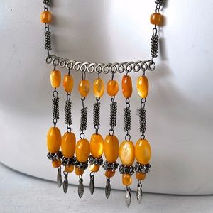 30" Vintage Egyptian Revival Twisted Silver Metal Beaded Glass Fringe Necklace